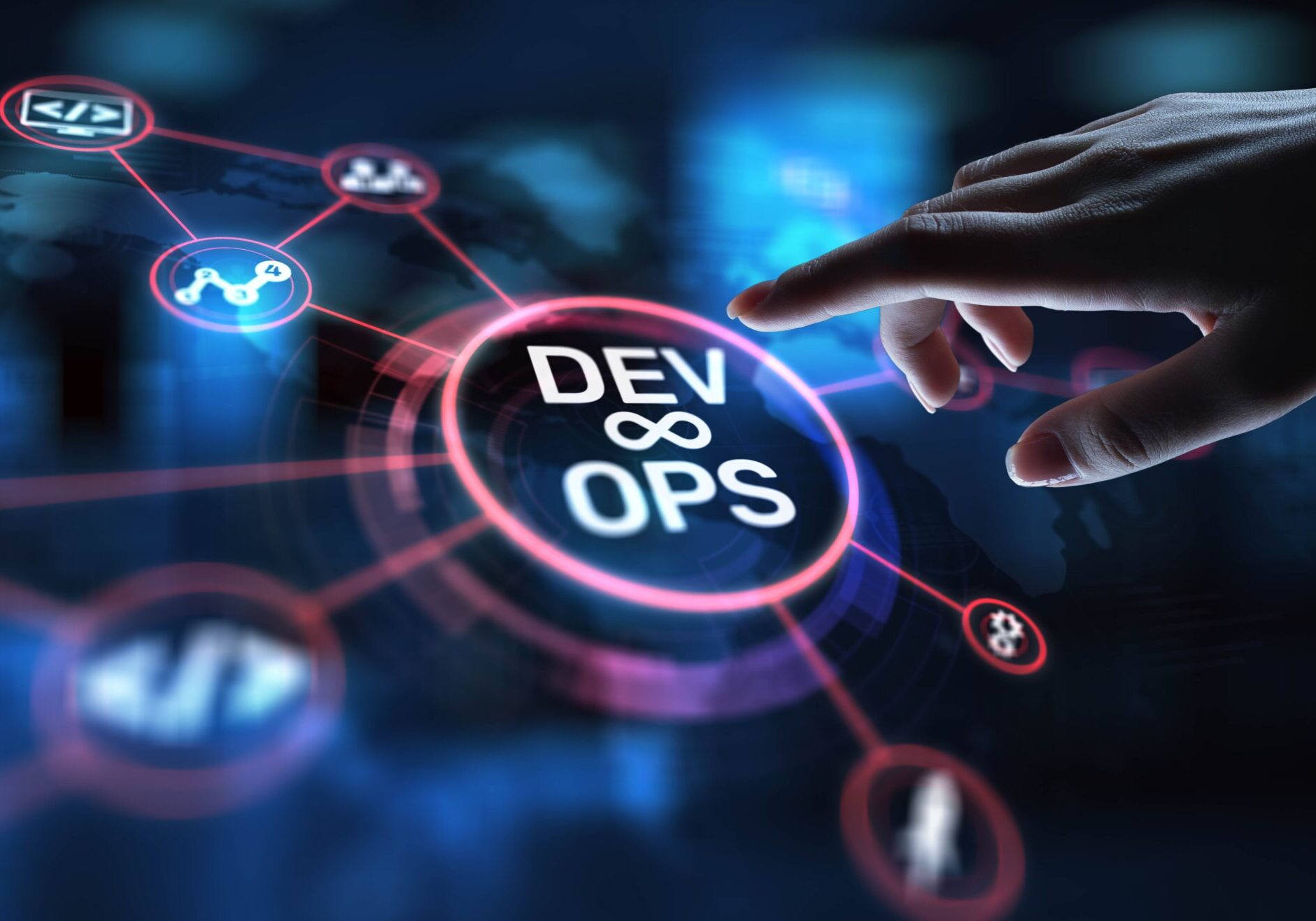 DevOps Development and Operations Integration for Efficient Delivery, projection on a virtual screen, Business and Technology Concept.